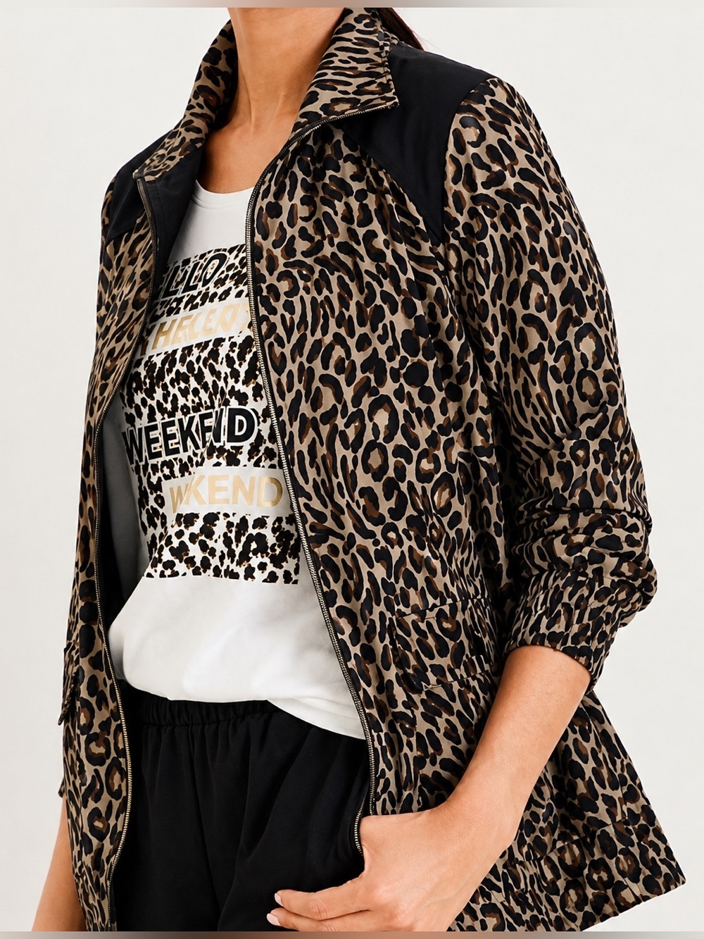 Chico’s Zenergy Leopard Print Zip Front Jacket Size XL Brown Black Animal Print